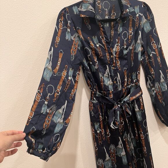 Fashion Nova The Entertainer Satin Jumpsuit Navy Sz XS Chain Tassel Print Rodeo - Picture 8 of 15